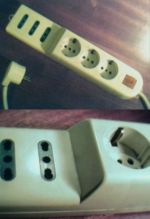 Italian power strip showing both types of hybrid socket