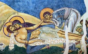 'The Lamentation of Christ' (1164), a fresco from the church of Saint Panteleimon in Nerezi near Skopje. It is considered a superb example of 12th century Komnenian art.
