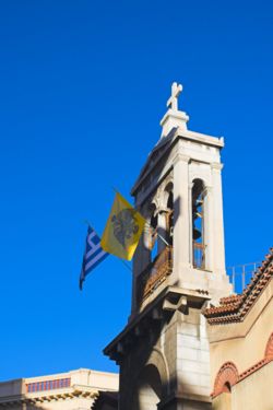 Modern day church with the double-headed flag of the Greek Orthodox Church.