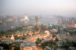 Evening view of Cairo, the largest city in Africa and the Middle East. The Cairo Opera House (center) is the main performing arts venue in the Egyptian capital.