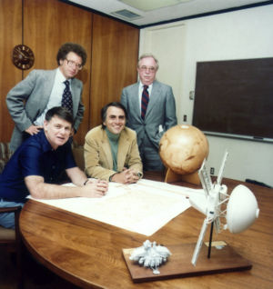 Planetary Society members at the organization's founding.  Carl Sagan seated, right