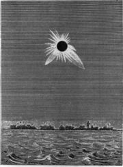 French and American expeditions converged on Caroline Island in May 1883 to observe an unusually long total solar eclipse.  An expedition member made this drawing.