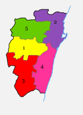 Divisions of Chennai city.  1. Egmore-Nungambakam 2. Fort Tondiarpet 3. Mambalam-Guindy 4. Mylapore-Triplicane 5. Perambur-Purasawalkkam.