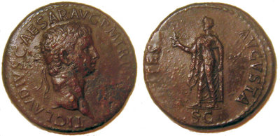 A sestertius of Claudius. The obverse image is of Spes (Hope) Augusta, first issued to commemorate the birth of his son in 41.
