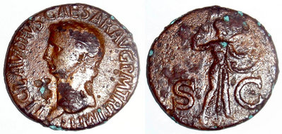 A bronze As issued during Claudius' reign. Note the "SC" (senatus consultum} mark on the reverse, meaning issued with the Senate's approval.
