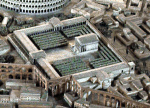 Model of ancient Rome showing the Temple of Claudius, built by Vespasian on the site of Nero's Golden House. The Aqua Claudia aqueduct runs next to it, and the Colosseum sits adjacent.