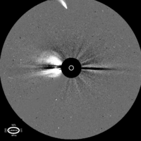 The SOHO satellite captured this image of Hyakutake as it passed perihelion, with a nascent coronal mass ejection also visible to the left of the Sun.