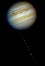 A montage of images of Jupiter and the comet, showing the relative scale and angle of impact.