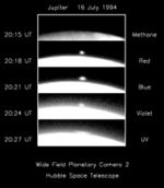 HST images of a fireball from the first impact appearing over the limb of the planet.