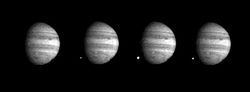 A sequence of Galileo images, taken several seconds apart, showing the appearance of the fireball of fragment W on the dark side of Jupiter.