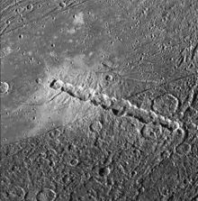 A chain of craters on Ganymede, probably caused by a similar impact event.  The picture covers an area approximately 120 miles across.