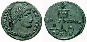 Follis by Constantine. On the reverse, a labarum with the chi-rho.