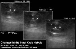 This sequence of Hubble Space Telescope images shows features in the inner Crab Nebula changing over a period of four months.