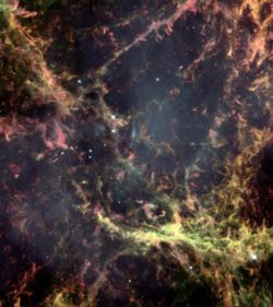 Hubble Space Telescope image of a small region of the Crab Nebula, showing its intricate filamentary structure