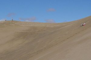 A tourist sliding down Star Dune in the Mesquite Flat Dune field.