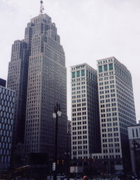 Penobscot Building at left. At right, the Dime Building, constructed in 1912.