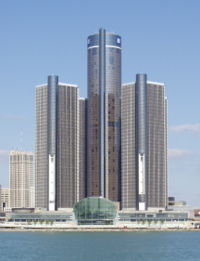 The Renaissance Center in Detroit, Michigan, is General Motors' world headquarters. Behind and to the left, is the smaller Cadillac Tower.
