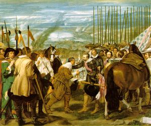 The Surrender of Breda (1625) to Ambrosio Spinola, by Velázquez. Missing is the usual triumphalism of victory.