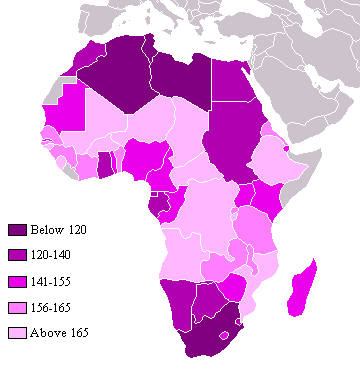 High index values, indicated by lighter colors, show the relative poverty of African countries as ranked by the UNDP's 2004 list of countries by quality of life.