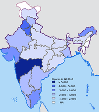 Per capita net state domestic product (NSDP) of Indian states in 1997-1998. (Darker states have higher per capita NSDP)