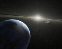 Artist's impression from 2005 of the planet HD 69830 d, with the star HD 69830's asteroid belt in the background