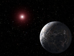 Artist's conception of the  planet OGLE-2005-BLG-390Lb (with surface temperature of −220°C), orbiting its star 20,000 light years (117.5 quadrillion miles) from Earth; this planet was discovered with gravitational microlensing