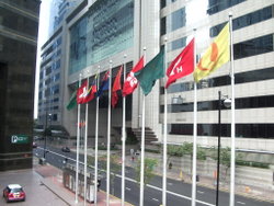 The Regional Flag on display with the National Flag, as well as flags of other nations and private corporations outside Central Plaza, Wan Chai.