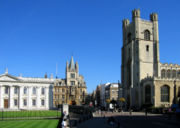 Great St Mary's Church marks the centre of Cambridge, whilst the Senate House on the left is the centre of the University. Gonville and Caius College is in the background.