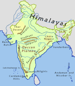 Map of the hilly regions in India.