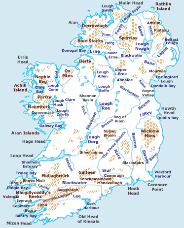 Mountains, lakes, rivers and other physical features of Ireland are shown on this map (large version).