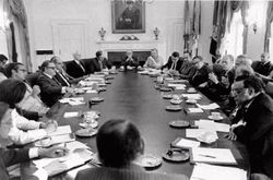 Gerald Ford meets with his Cabinet in 1975.