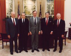 (Left to right:) Former Presidents Gerald Ford, Richard Nixon, then President George H. W. Bush, and former Presidents Ronald Reagan and Jimmy Carter at the dedication of the Reagan Presidential Library (1991).