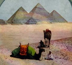 Giza pyramids, view from south in late 19th century. From left: Menkaura pyramid, Khafra pyramid, Great (Khufu) pyramid.