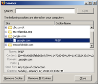 The Firefox Cookie Manager, showing the details of various cookies by domain