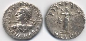 Bilingual silver drachm of Menander I (160-135 BC). With obverse and reverse legends in Greek "BASILEOS SOTĒROS MENANDROY" and Kharosthi "MAHARAJA TRATASA MENADRASA": "Of The Saviour King Menander". Reverse shows Athena advancing right, with thunderbolt and shield.