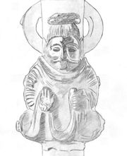 First known Chinese Buddha statue, found in a late Han dynasty burial in Sichuan province. Circa 200 CE. The hair, the moustache and the clothing are strongly indicative of Gandharan influences ("Crossroads of Asia", p.208)