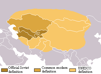 Map of Central Asia showing three sets of possible boundaries for the region