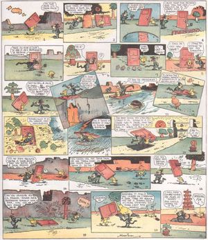 An early color Saturday page in which Krazy tries to understand why Door Mouse (a minor character) is carrying around a door. Published January 21, 1922.Click image to enlarge.