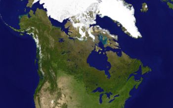 A satellite composite image of Canada. Boreal forests prevail throughout the country, ice is prominent in the Arctic and through the Coast Mountains and Saint Elias Mountains, and the relatively flat Prairies facilitate agriculture. The Great Lakes feed the St. Lawrence River (in the southeast) where lowlands host much of Canada's population.