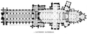 Plan of Canterbury shows the richly complicated ribbing of Prior Chillenden's Perpendicular vaulting.