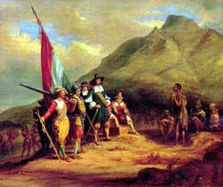 Romanticised painting of an account of the arrival of Jan van Riebeeck.