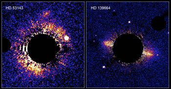 These debris disks around the two remote stars seem equivalent of our own Solar system's Kuiper Belt. The left image is the "top view", and the right image "edge view". The black central circle is produced by the camera's coronagraph which hides the central star to allow the much fainter disks to be seen. Observed with Hubble Space Telescope