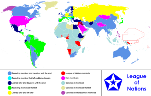 An anachronous map of the world in the years 1920-1945, which shows the League of Nations and the world.