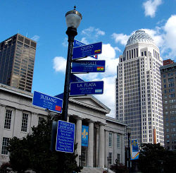 The distances to each of Louisville's sister cities are represented on this downtown lightpost.