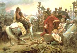 Vercingetorix surrenders to Julius Caesar after Alesia. Painting by  Lionel-Noël Royer, 1899.