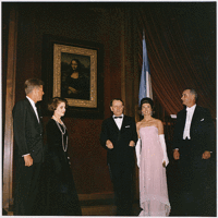 John F. Kennedy, André Malraux, Jacqueline Kennedy, and Lyndon B. Johnson at an unveiling of the Mona Lisa
