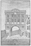 An engraving showing Moorgate before it was demolished in 1762.