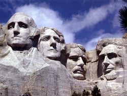 (left to right) Sculptures of George Washington, Thomas Jefferson, Theodore Roosevelt, and Abraham Lincoln to represent the first 150 years of American history.