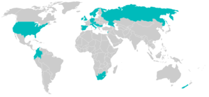 M. cerebralis has been reported in Germany (1893), Italy (1954), USSR (1955), including Sakhalin Island (1960), USA (1958), Bulgaria (1960), Yugoslavia (1960), Sweden (1966), South Africa (1966), Scotland (1968), New Zealand (1971), Ecuador (1971), Norway (1971),  Colombia (1972), Lebanon (1973), Ireland (1974), Spain (1981) and England (1981)