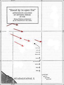 Position of Japanese (red arrows) and U.S. (black) ships at 01:45 on November 13.  Both sides opened fire at 01:48 as the formations of the two adversaries intermingled and then quickly disintegrated into a confused free-for-all. (Click on map for larger image and full description)